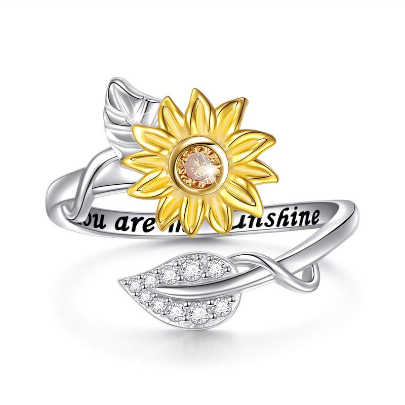 DAOCHONG Sterling Silver You are My Sunshine Sunflower CZ Heart Ring Adjustable Size 8 - Image 1